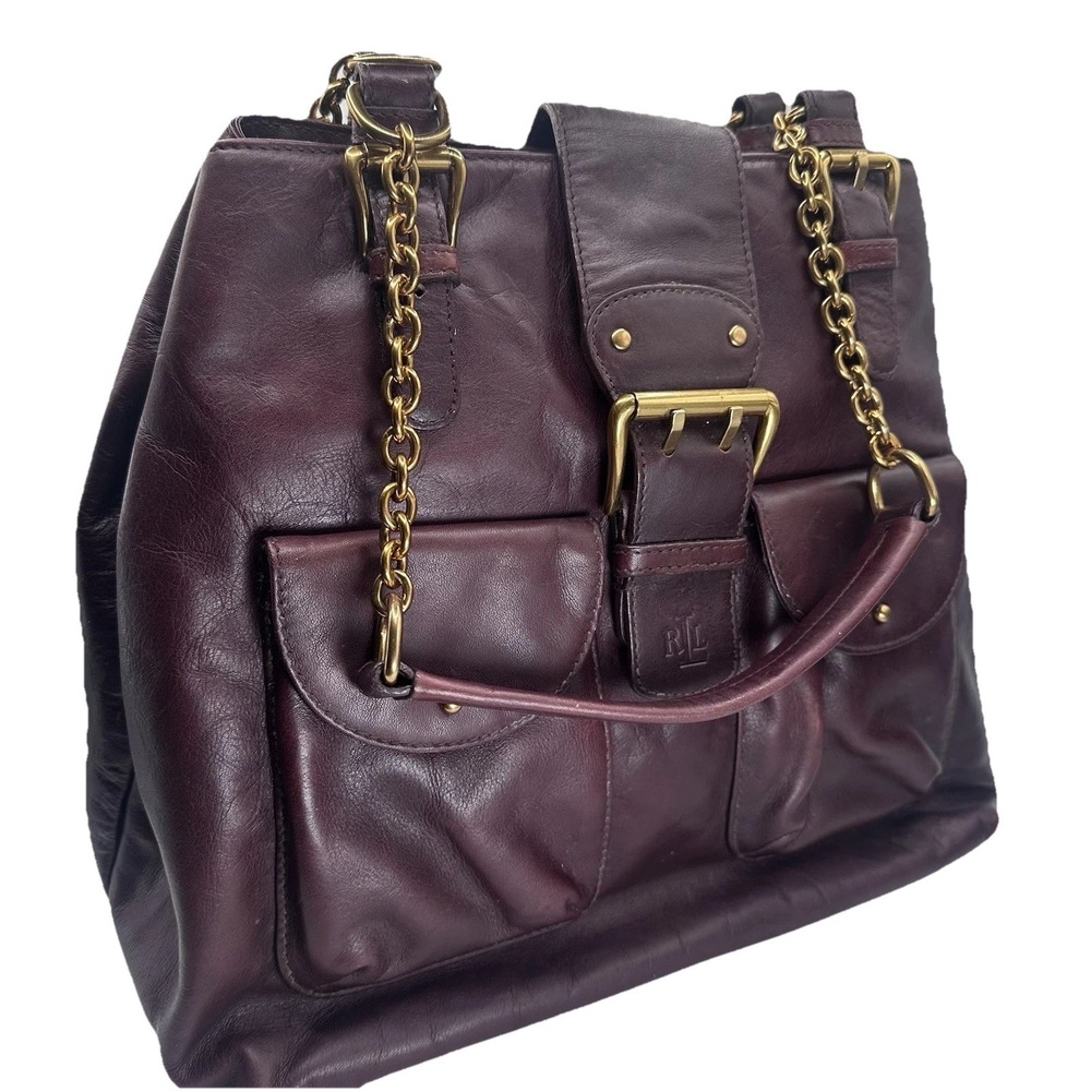 Ralph Lauren‎ Large Satchel Handbag Burgundy Leather  Gold Chain Buckle Hardware